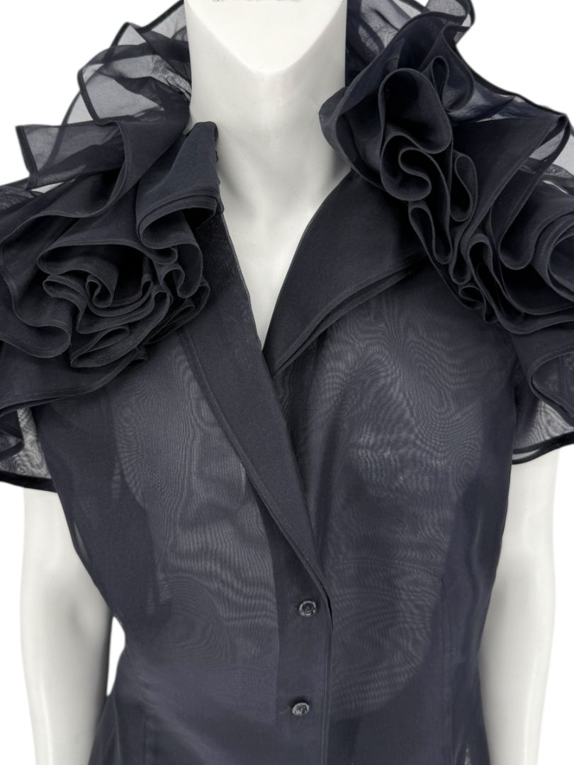 Féraud Paris Navy Silk Organza Ruffle Blouse – FR 44 - NWT