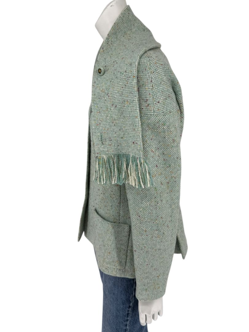 Chanel Women’s Mint Green Wool-Mohair Blend Tweed Jacket with Detachable Scarf – Size 44