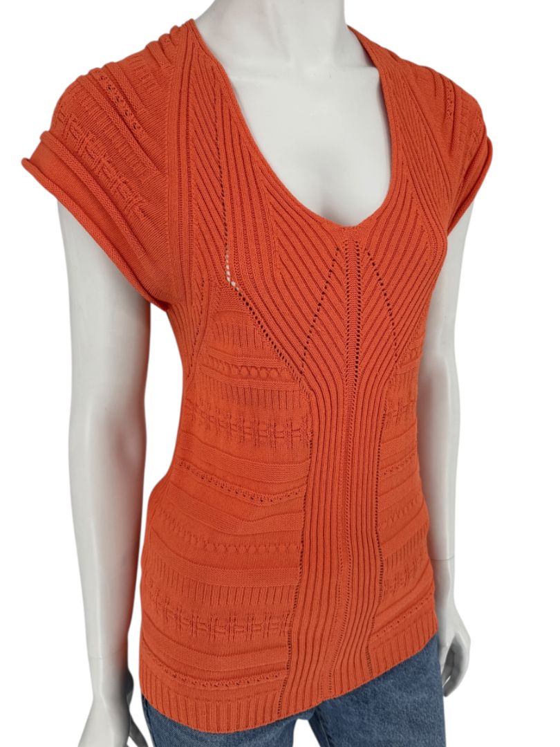 Les Copains Orange Textured Knit Short Sleeve Sweater – Size 48