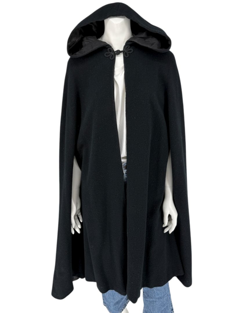 Black Wool Hooded Cape with Silk-Lined Interior – Large