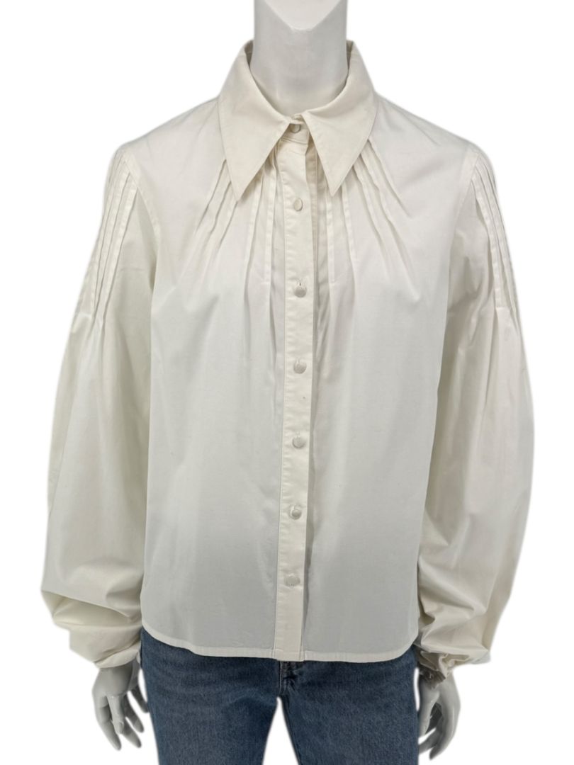 Paco Rabanne Ivory Cotton-Silk Pleated Balloon-Sleeve Blouse – Size 42
