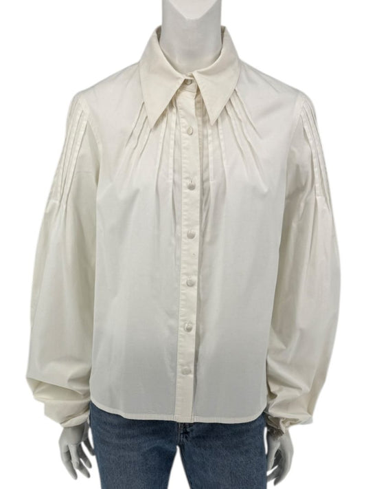 Paco Rabanne Ivory Cotton-Silk Pleated Balloon-Sleeve Blouse – Size 42