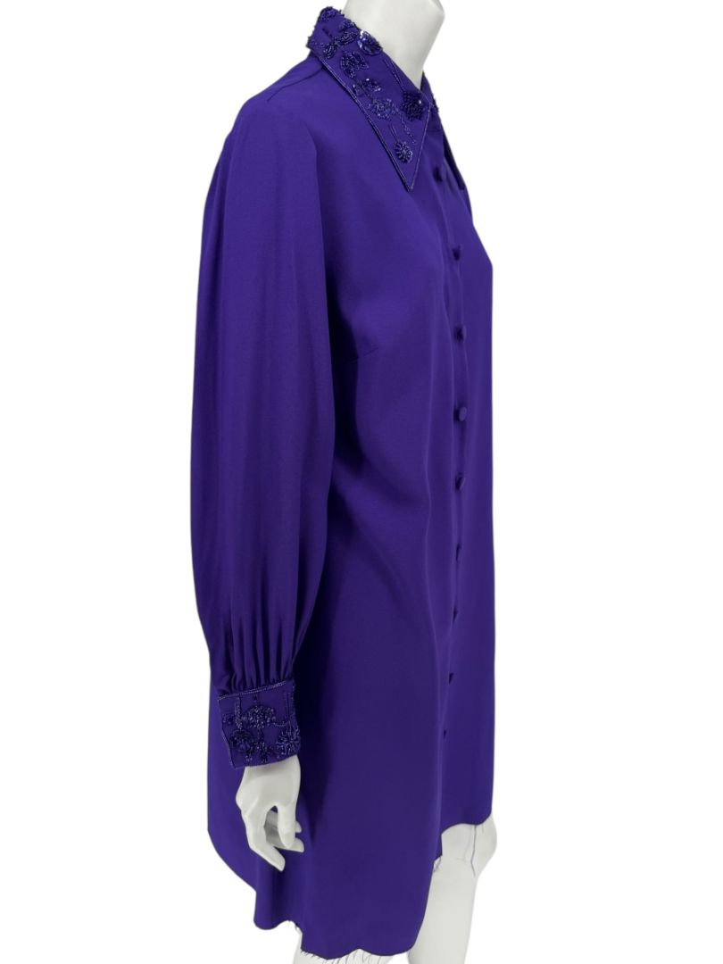 Pamella Roland Purple Beaded Collar & Cuff Shirt Dress with Slip – Large