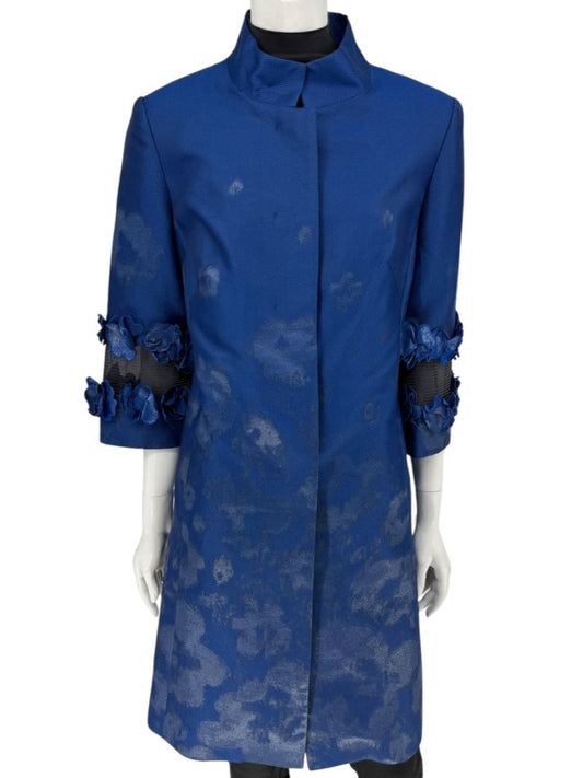 Pamella Roland Blue Textured Floral Embellished Coat – Large