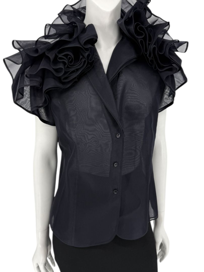Féraud Paris Navy Silk Organza Ruffle Blouse – FR 44 - NWT