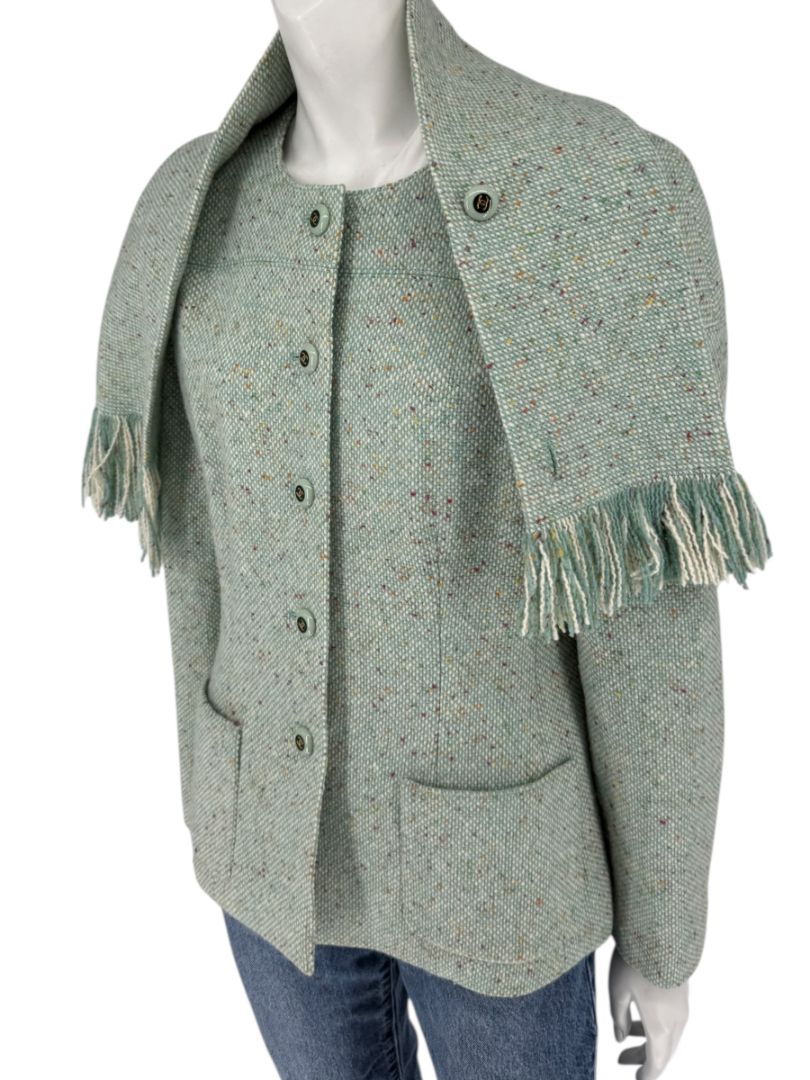 Chanel Women’s Mint Green Wool-Mohair Blend Tweed Jacket with Detachable Scarf – Size 44