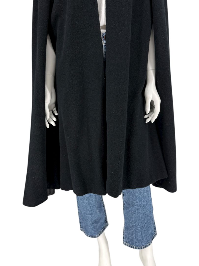 Black Wool Hooded Cape with Silk-Lined Interior – Large