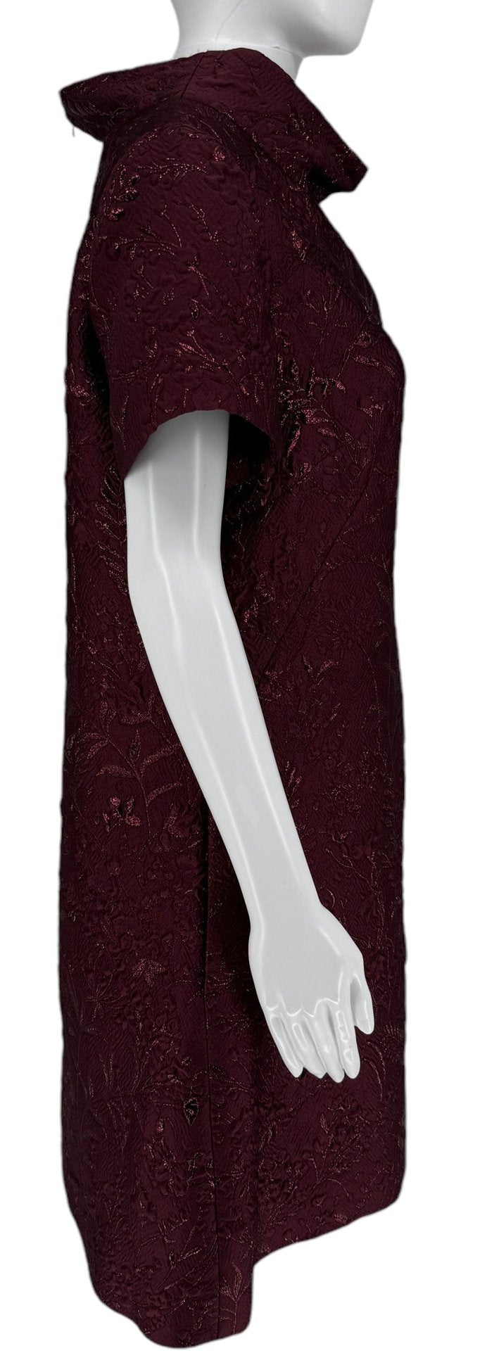 Pamella Roland -Bordeaux/Merlot/Wine Brocade Metallic Floral – Stand Collar, Cap sleeve, A-line dress. Size 8/10