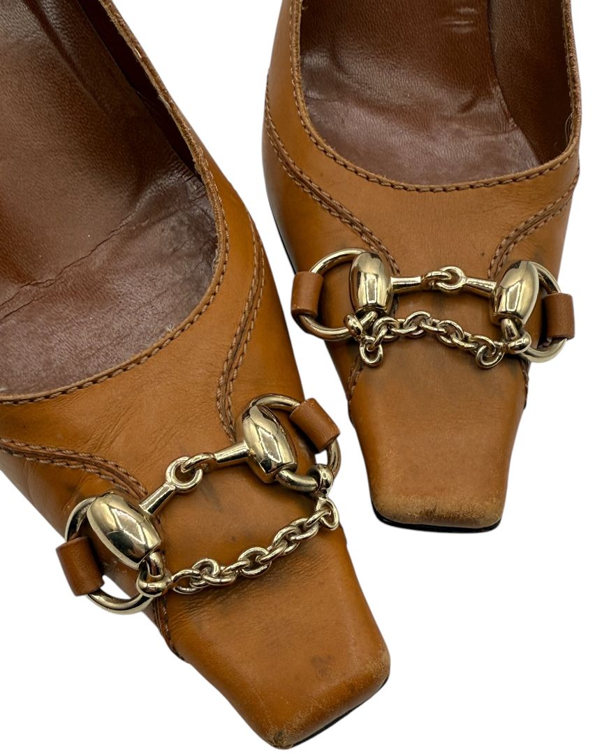 Gucci Tan Leather Horsebit Pumps – Size 36.5 – Good Preowned Condition