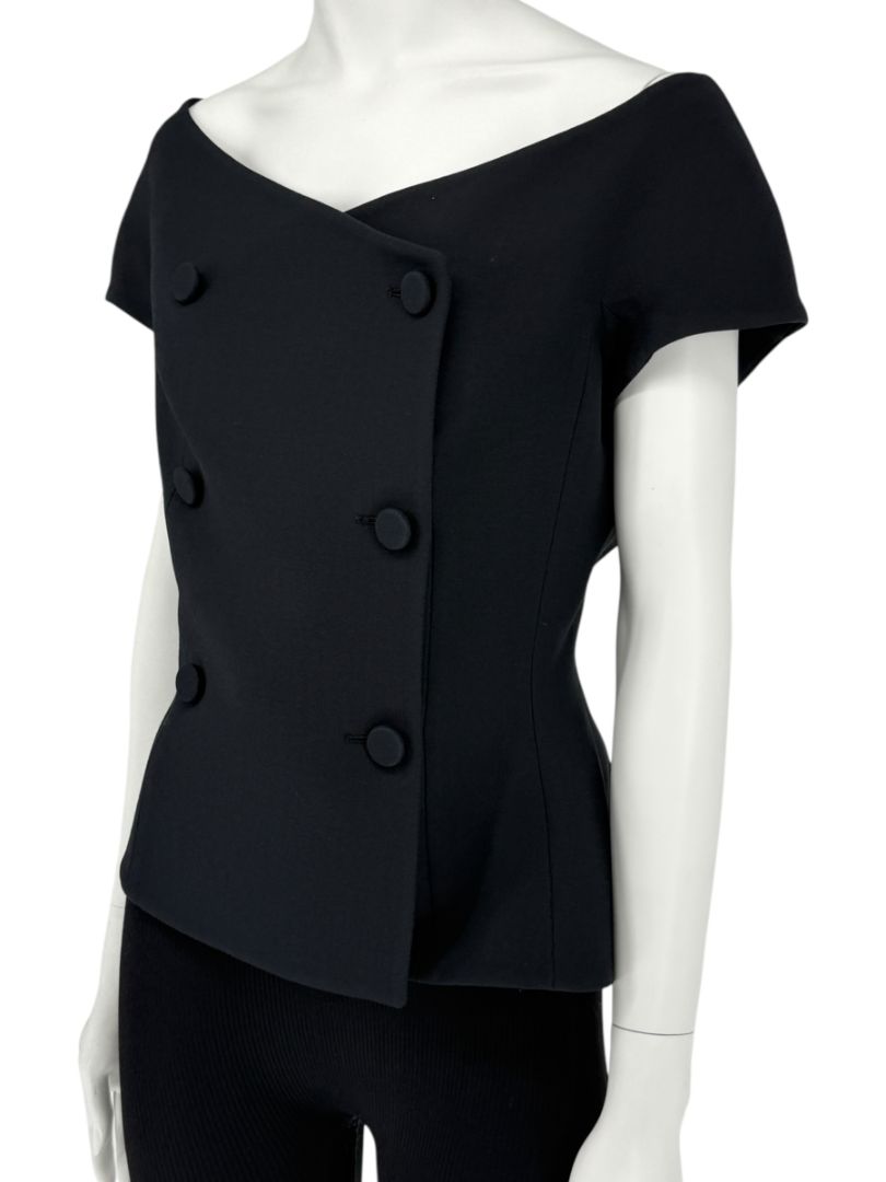 Christian Dior Paris Black Off-Shoulder Wool-Silk Asymmetric Button Top – Size FR 42 / US 10