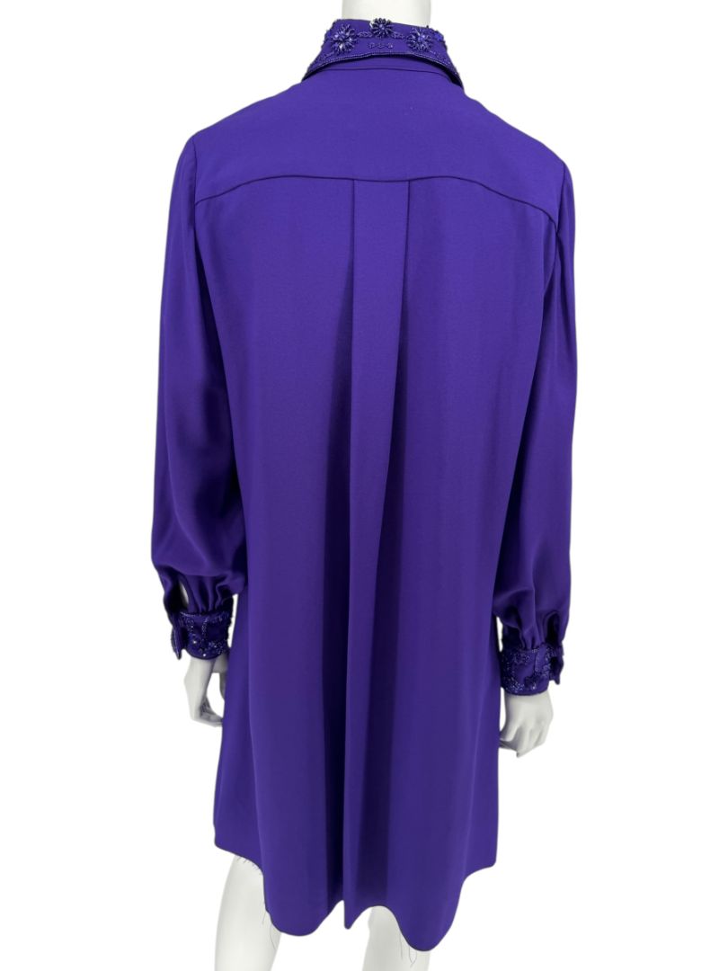Pamella Roland Purple Beaded Collar & Cuff Shirt Dress with Slip – Large