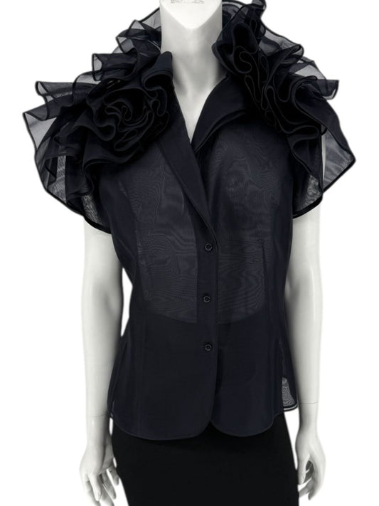 Féraud Paris Navy Silk Organza Ruffle Blouse – FR 44 - NWT