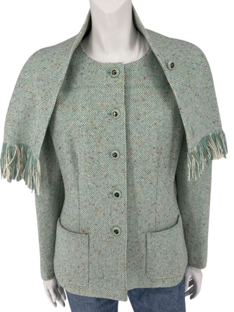 Chanel Women’s Mint Green Wool-Mohair Blend Tweed Jacket with Detachable Scarf – Size 44