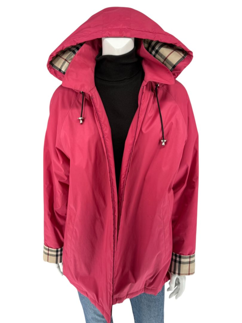 Burberry London Fuchsia Hooded Check-Lined Jacket – Size L