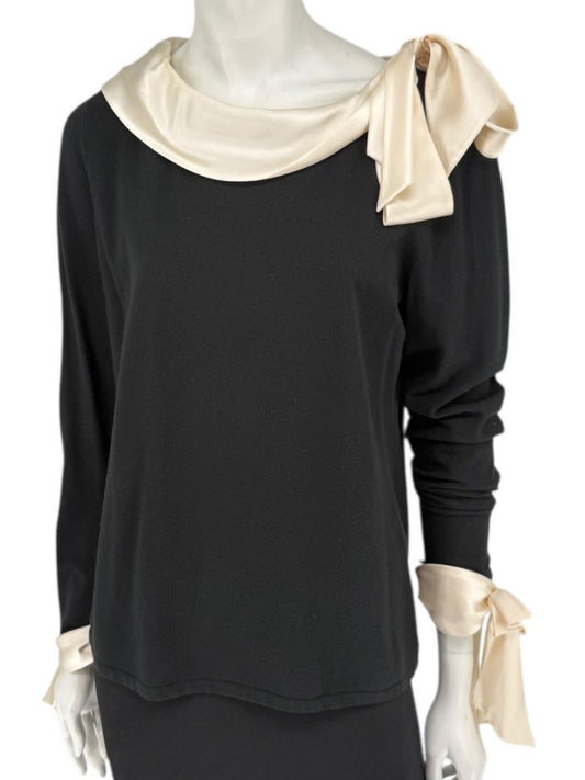 Rena Lange Black Dress with Ivory Satin Accents – Size Large