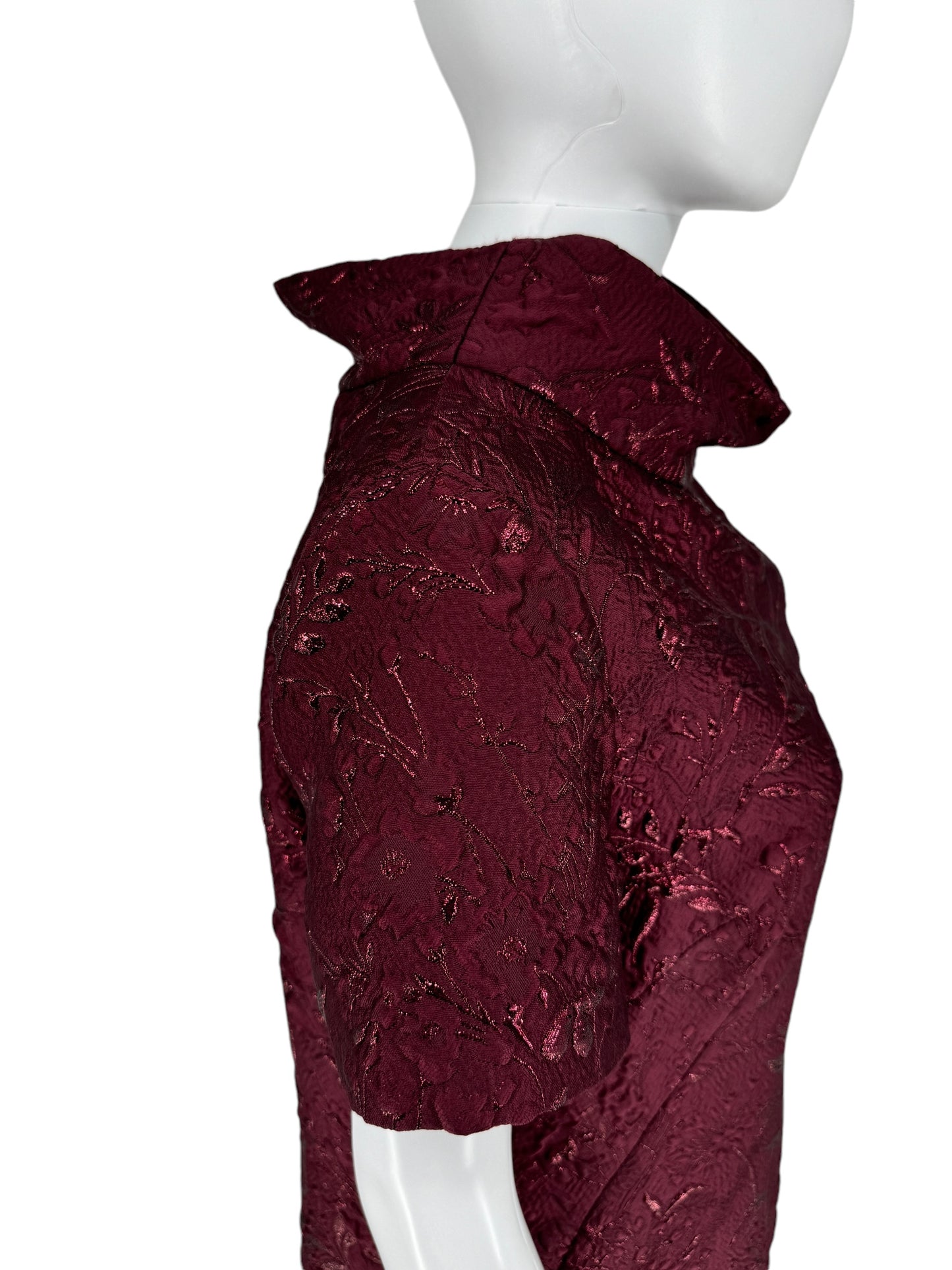 Pamella Roland -Bordeaux/Merlot/Wine Brocade Metallic Floral – Stand Collar, Cap sleeve, A-line dress. Size 8/10