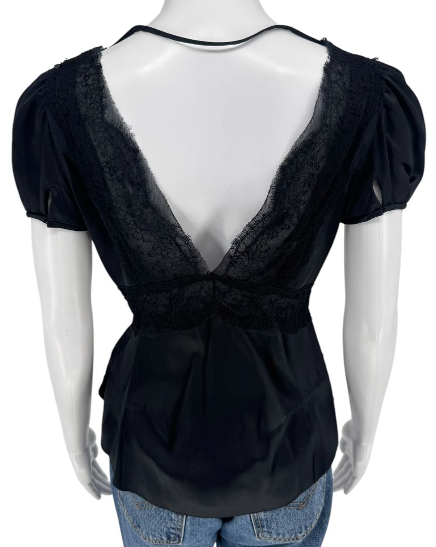 Prada Black Silk Lace Trim Ruffle Blouse – New with Tags – IT 40 / US 4