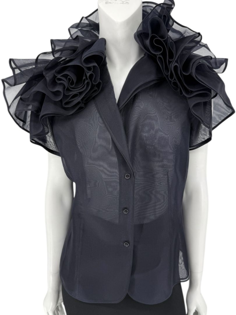 Féraud Paris Navy Silk Organza Ruffle Blouse – FR 44 - NWT