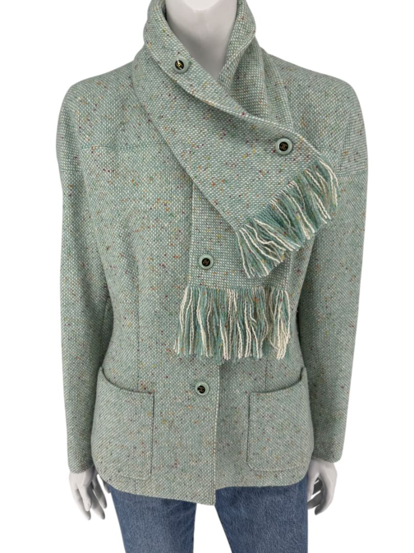 Chanel Women’s Mint Green Wool-Mohair Blend Tweed Jacket with Detachable Scarf – Size 44