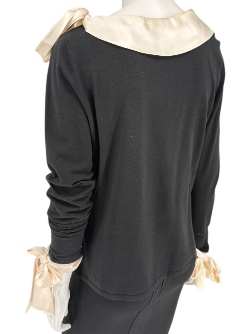 Rena Lange Black Dress with Ivory Satin Accents – Size Large