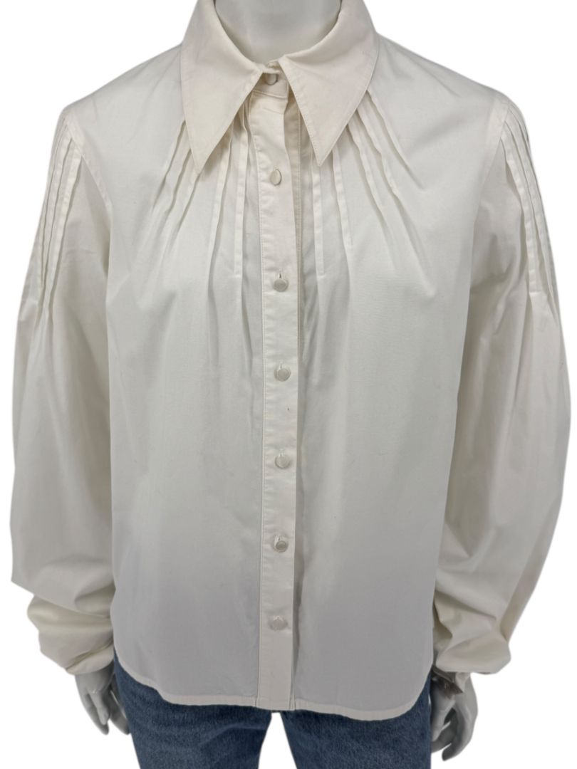 Paco Rabanne Ivory Cotton-Silk Pleated Balloon-Sleeve Blouse – Size 42