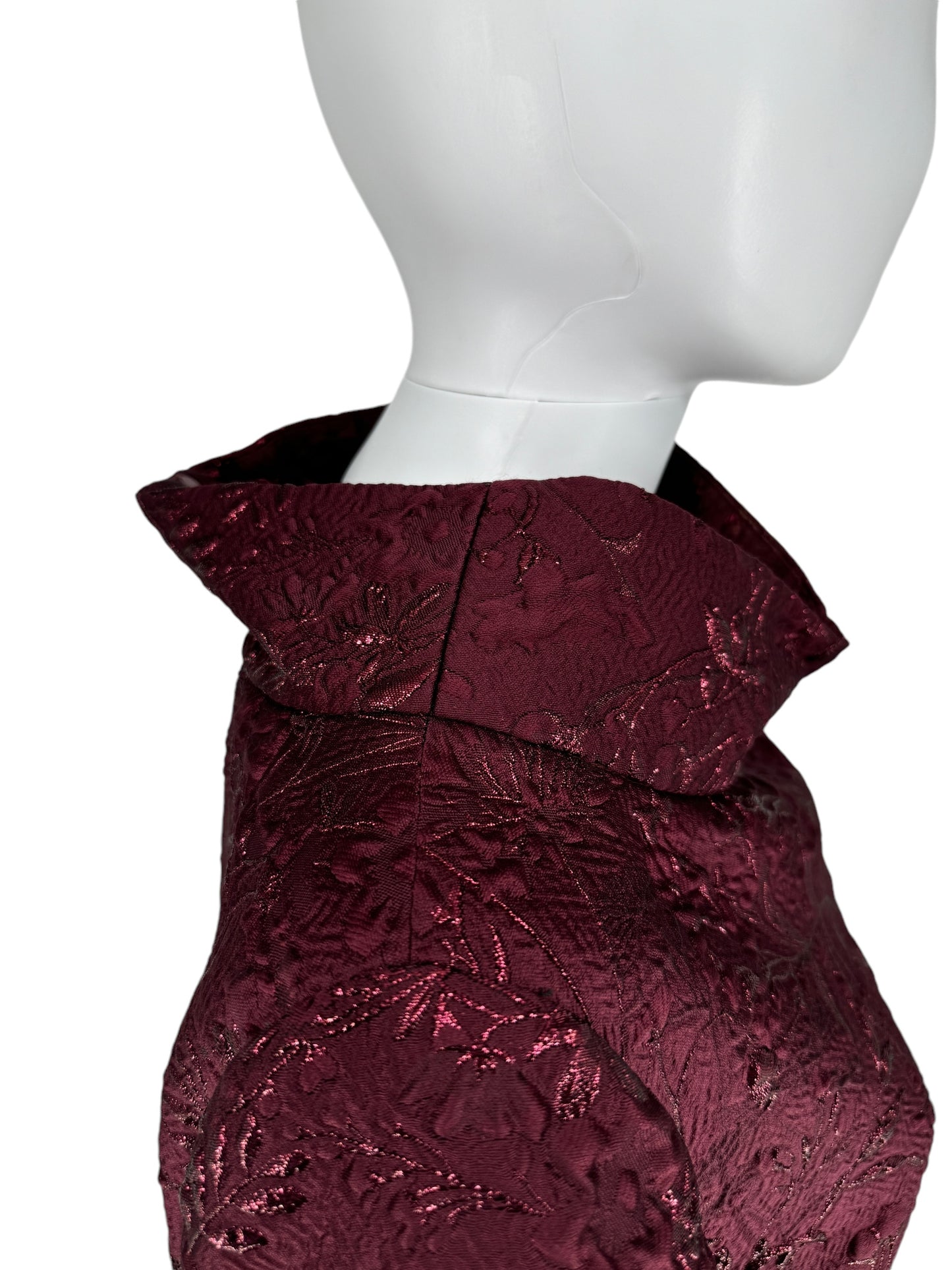 Pamella Roland -Bordeaux/Merlot/Wine Brocade Metallic Floral – Stand Collar, Cap sleeve, A-line dress. Size 8/10