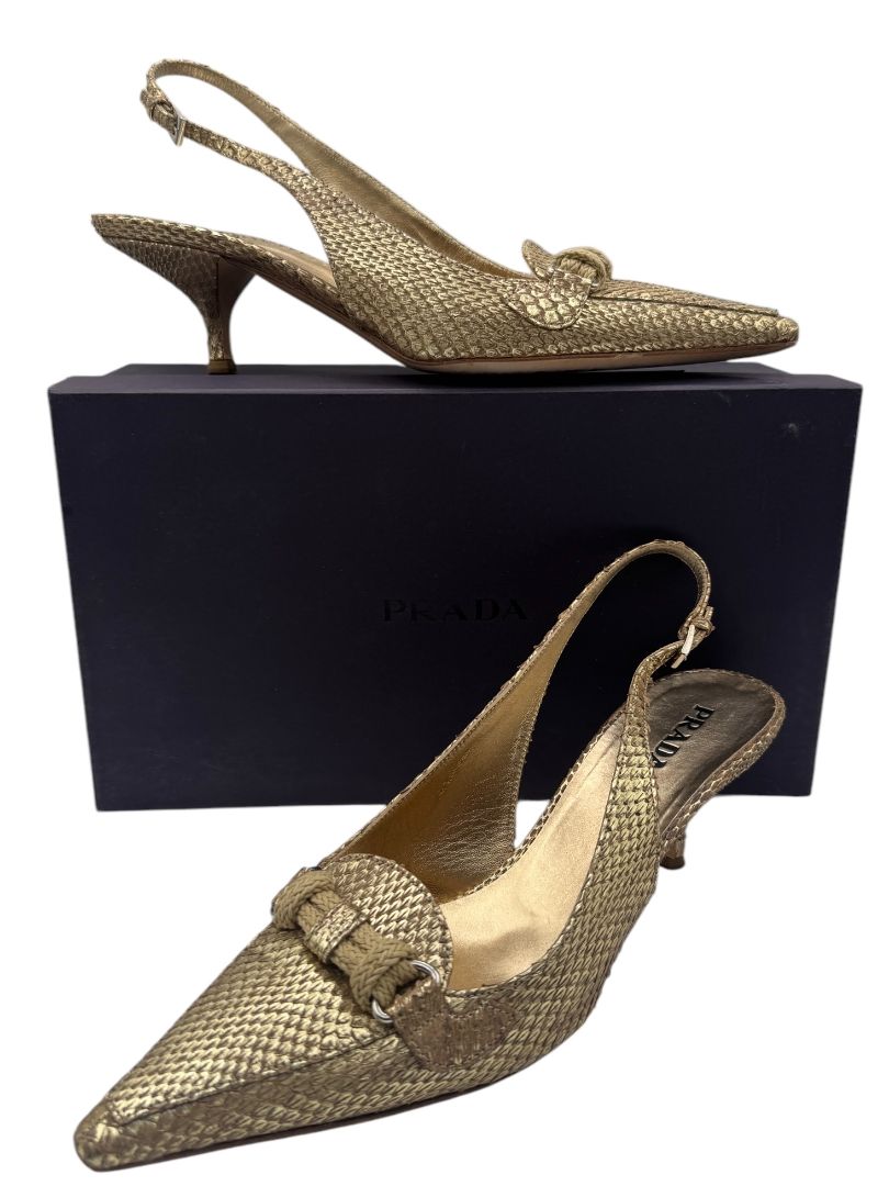Prada Gold Textured Leather Slingback Kitten Heels – Size 40½