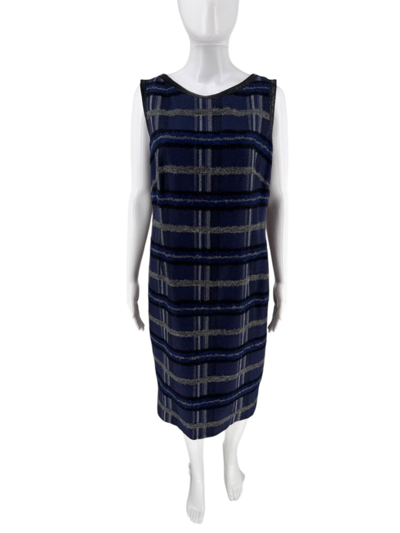 Akris Punto Blue and Gray Textured Plaid Sleeveless Dress – Size 12