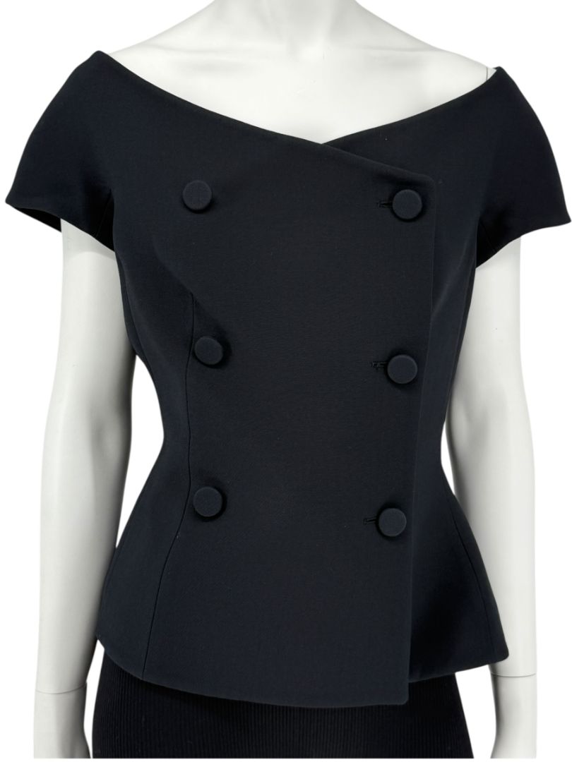 Christian Dior Paris Black Off-Shoulder Wool-Silk Asymmetric Button Top – Size FR 42 / US 10