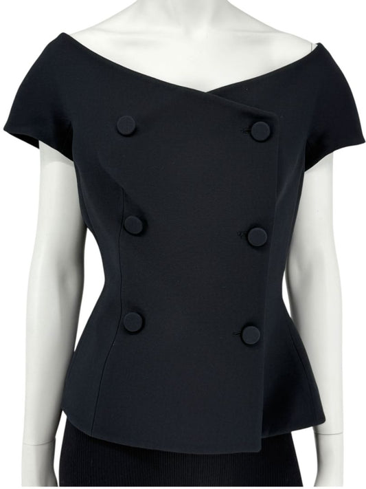 Christian Dior Paris Black Off-Shoulder Wool-Silk Asymmetric Button Top – Size FR 42 / US 10