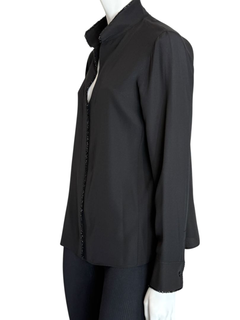Akris Black Silk Blouse with Beaded Trim – Size US 10