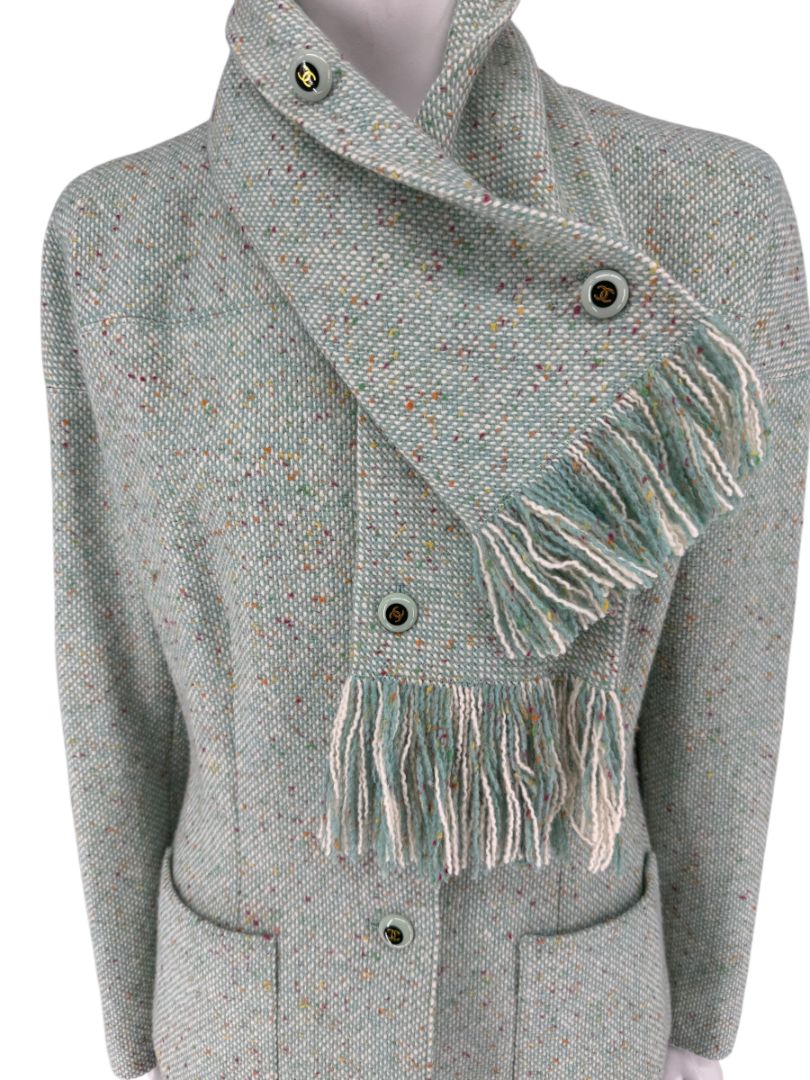 Chanel Women’s Mint Green Wool-Mohair Blend Tweed Jacket with Detachable Scarf – Size 44