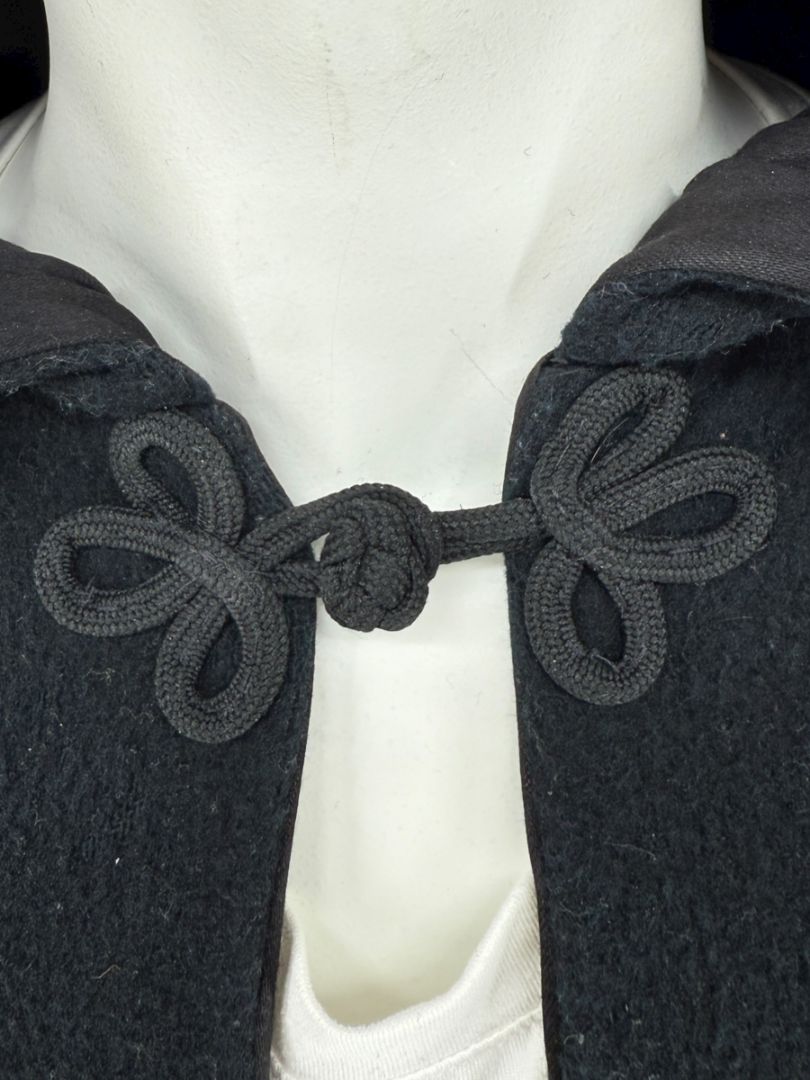 Black Wool Hooded Cape with Silk-Lined Interior – Large