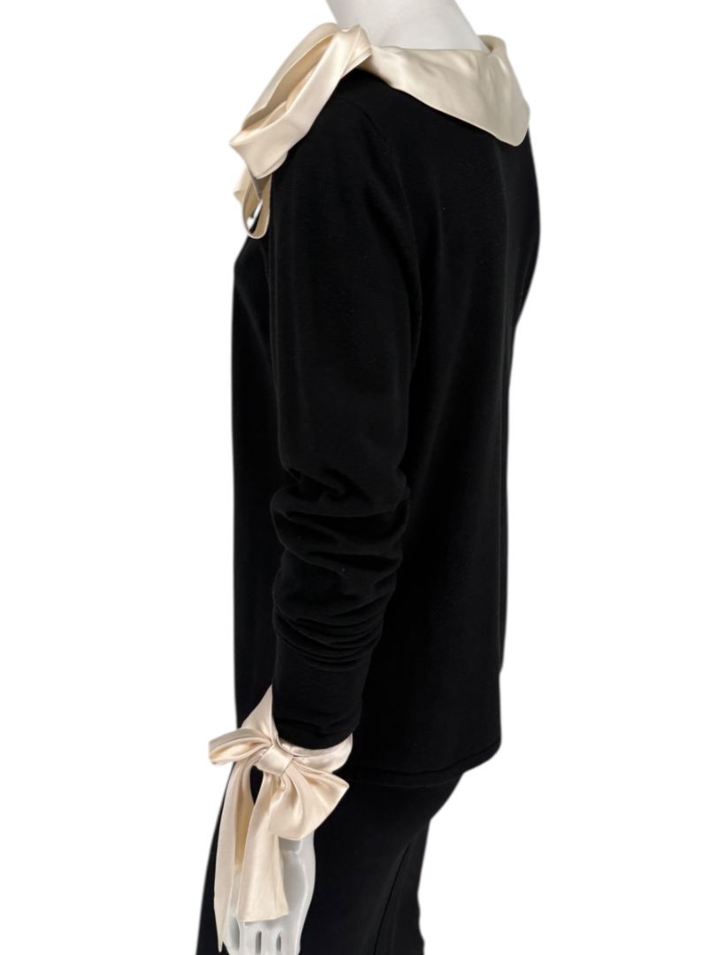 Rena Lange Black Dress with Ivory Satin Accents – Size Large