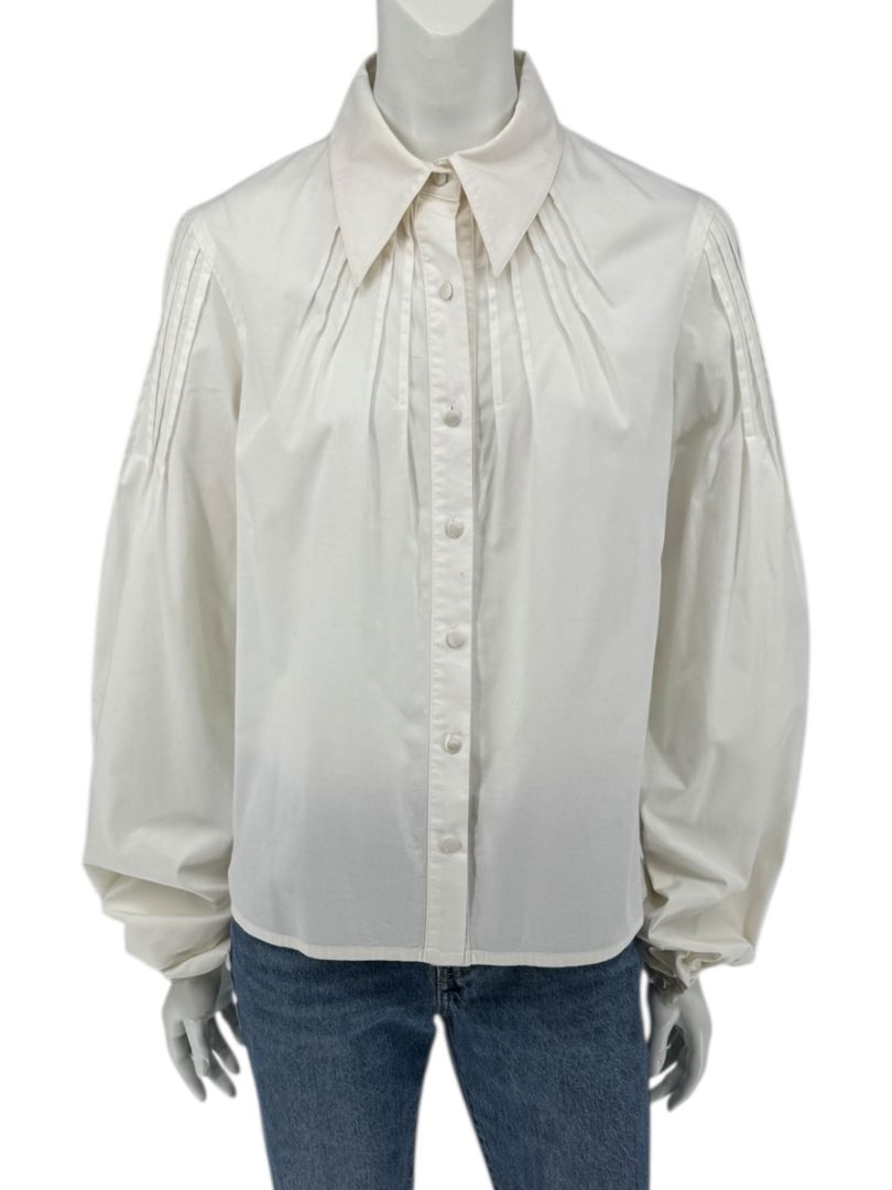 Paco Rabanne Ivory Cotton-Silk Pleated Balloon-Sleeve Blouse – Size 42