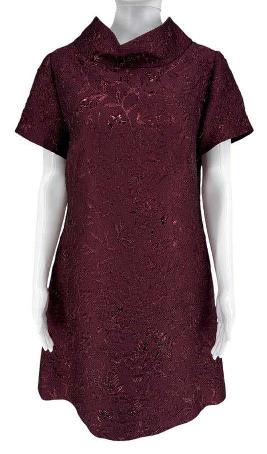 Pamella Roland -Bordeaux/Merlot/Wine Brocade Metallic Floral – Stand Collar, Cap sleeve, A-line dress. Size 8/10