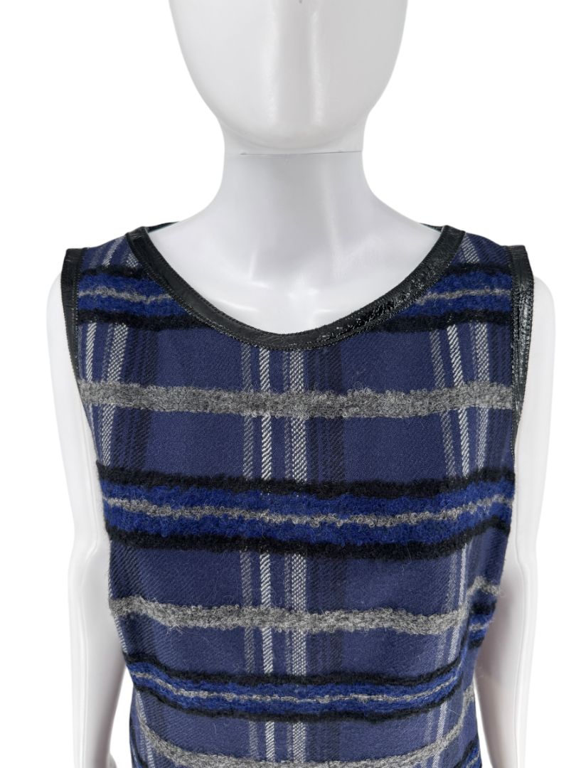 Akris Punto Blue and Gray Textured Plaid Sleeveless Dress – Size 12