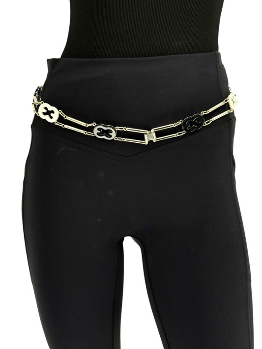 Escada Silver Chain Link Belt with Black & White Enamel Accents – 38”