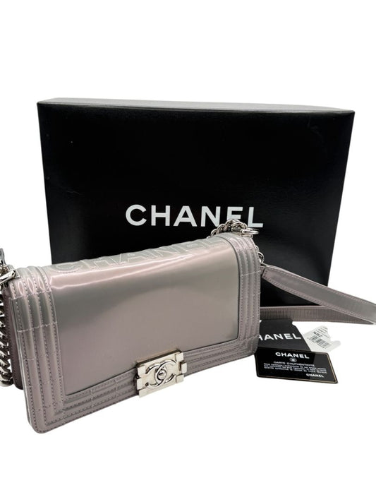 Chanel Lilac Iridescent Patent Calfskin Medium Boy Bag Silver Hardware w/ Box & Card