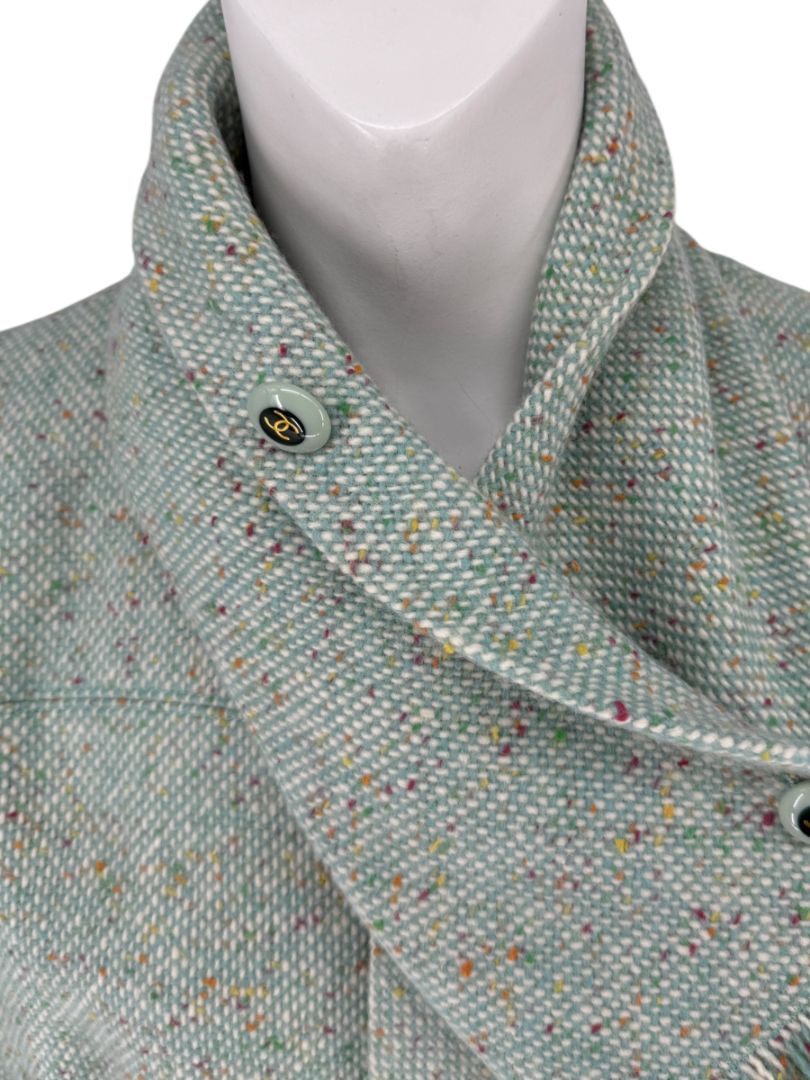 Chanel Women’s Mint Green Wool-Mohair Blend Tweed Jacket with Detachable Scarf – Size 44