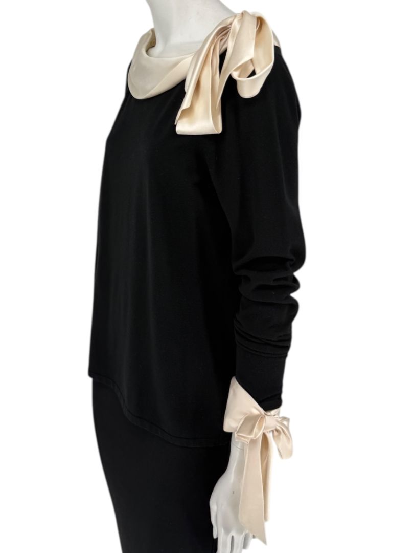 Rena Lange Black Dress with Ivory Satin Accents – Size Large