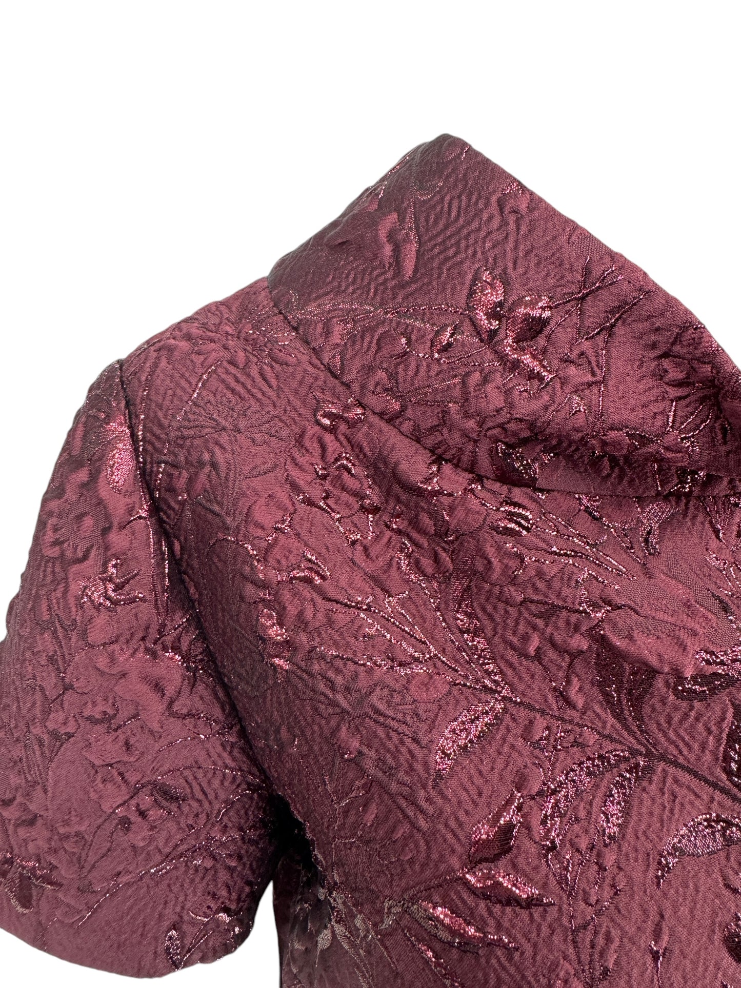 Pamella Roland -Bordeaux/Merlot/Wine Brocade Metallic Floral – Stand Collar, Cap sleeve, A-line dress. Size 8/10