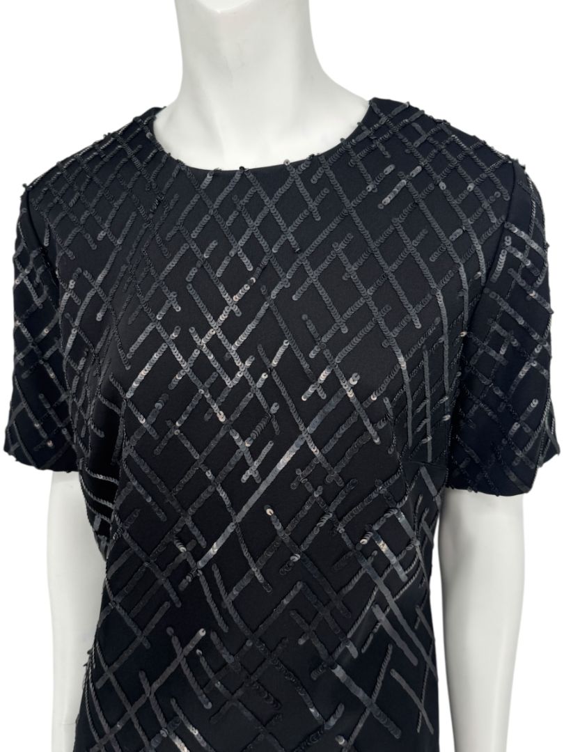 Pamella Roland Black Sequin Grid Shift Dress – Large