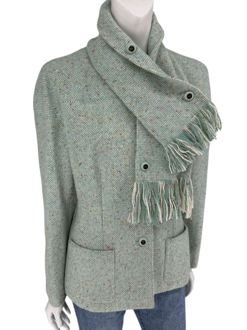 Chanel Women’s Mint Green Wool-Mohair Blend Tweed Jacket with Detachable Scarf – Size 44