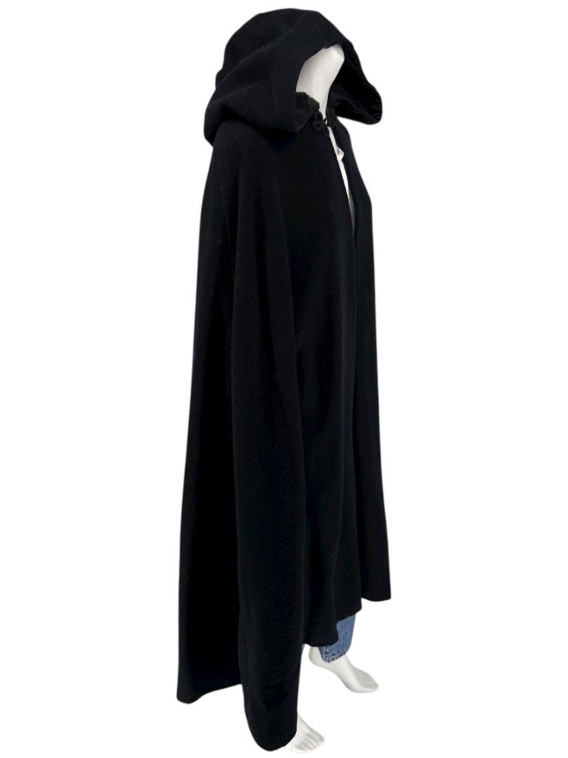 Black Wool Hooded Cape with Silk-Lined Interior – Large