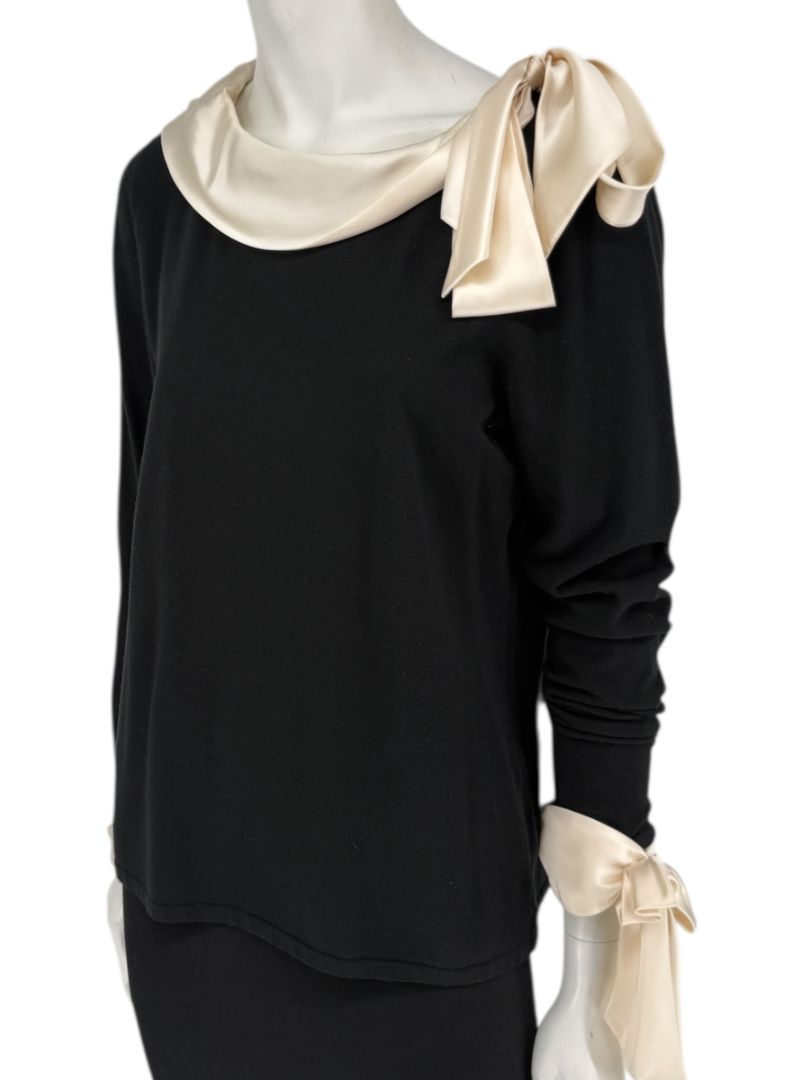 Rena Lange Black Dress with Ivory Satin Accents – Size Large