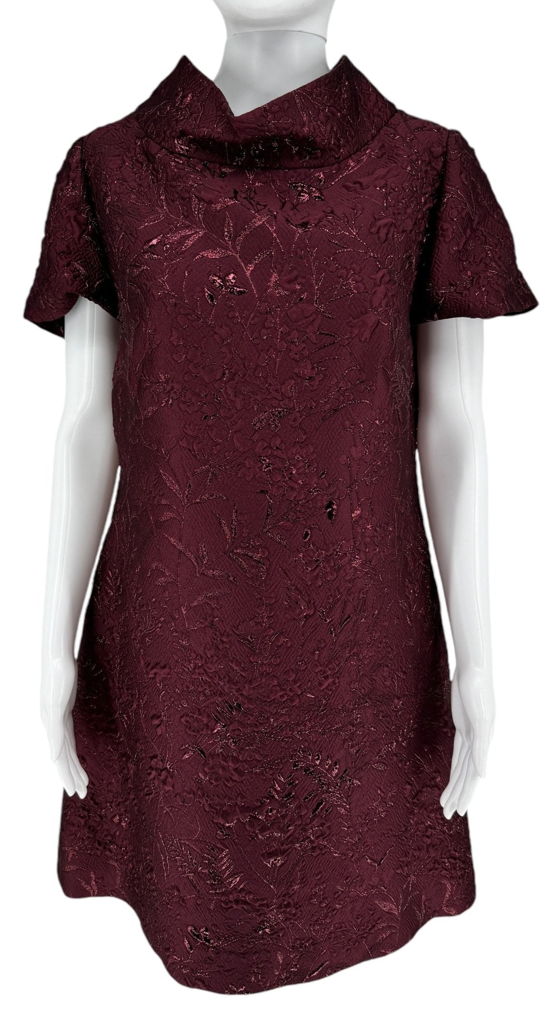 Pamella Roland -Bordeaux/Merlot/Wine Brocade Metallic Floral – Stand Collar, Cap sleeve, A-line dress. Size 8/10