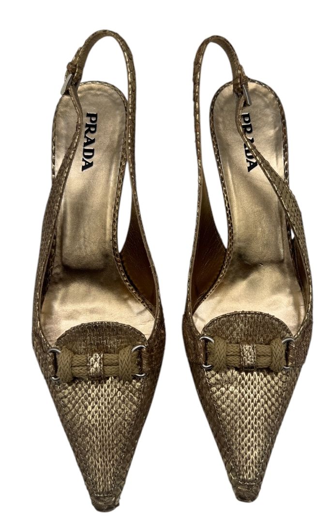 Prada Gold Textured Leather Slingback Kitten Heels – Size 40½