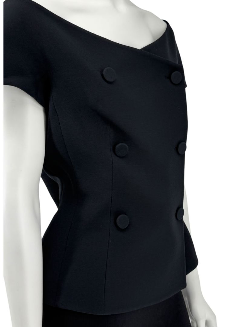 Christian Dior Paris Black Off-Shoulder Wool-Silk Asymmetric Button Top – Size FR 42 / US 10