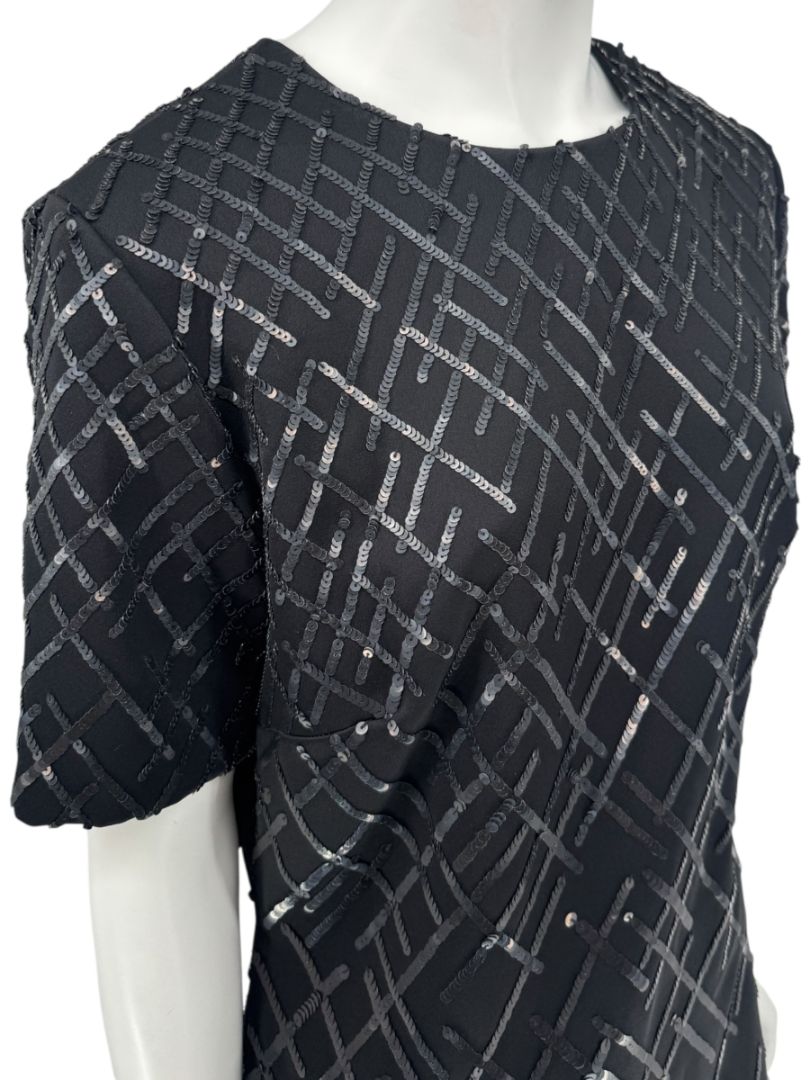 Pamella Roland Black Sequin Grid Shift Dress – Large